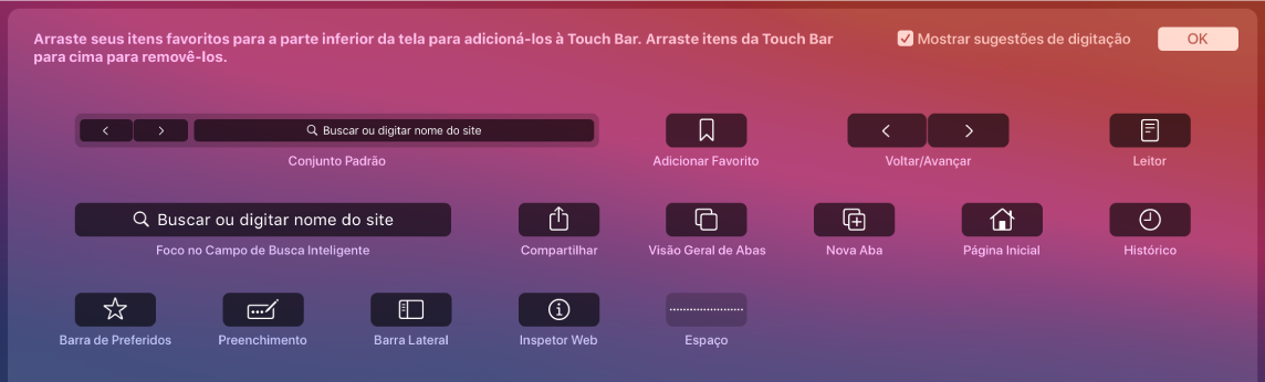 As opções de Personalizar Safari que podem ser arrastadas para a Touch Bar.