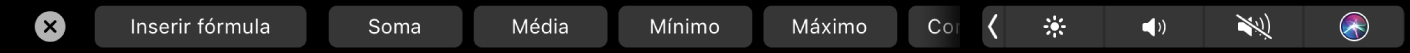 A Touch Bar do Numbers a mostrar os botões de fórmula. Estes incluem: soma, média, mínimo, máximo e contagem.