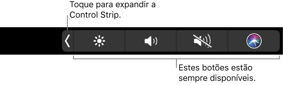 Ecrã parcial da Touch Bar predefinida a mostrar a Control Strip comprimida. Toque no botão de expandir para ver a Control Strip completa.