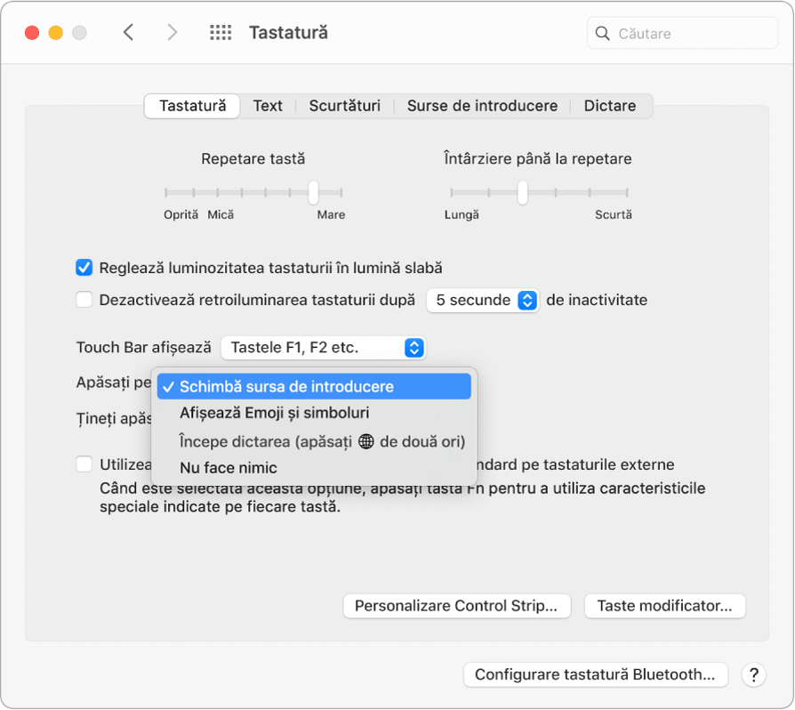 Panoul de preferințe Tastatură, cu un meniu derulant afișând opțiunile pentru tasta Funcție/Glob: Schimbă sursa de introducere, Afișează Emoji și simboluri, Începe dictarea și Nu face nimic.