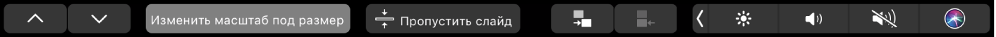 Панель Touch Bar для Keynote. Показаны кнопки со стрелками, кнопка «Подогнать размер», кнопки пропуска слайда, отступа и выступа для слайдов.