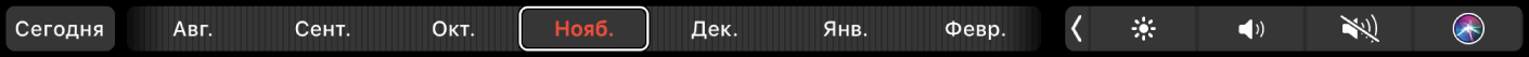 Панель Touch Bar в Календаре. Показаны кнопка «Сегодня» и бегунок для выбора месяца.