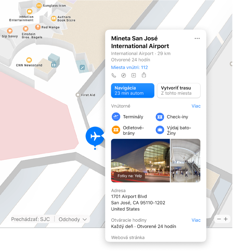 Interiérová mapa letiska spolu s informáciami o danom letisku vrátane trasy, reštaurácií, obchodov a ďalších súčastí.