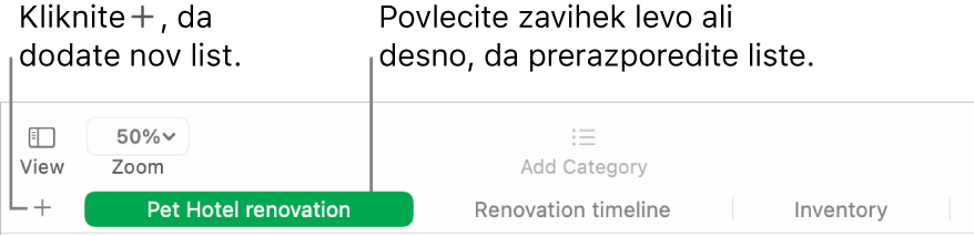 Okno aplikacije Numbers, v katerem je prikazano, kako dodati nov list in kako spremeniti vrstni red listov.