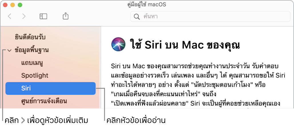 ตัวแสดงวิธีใช้ที่แสดงวิธีการดูหัวข้อต่างๆ จะอยู่ในรายการแถบข้างและวิธีการแสดงเนื้อหาของหัวข้อ