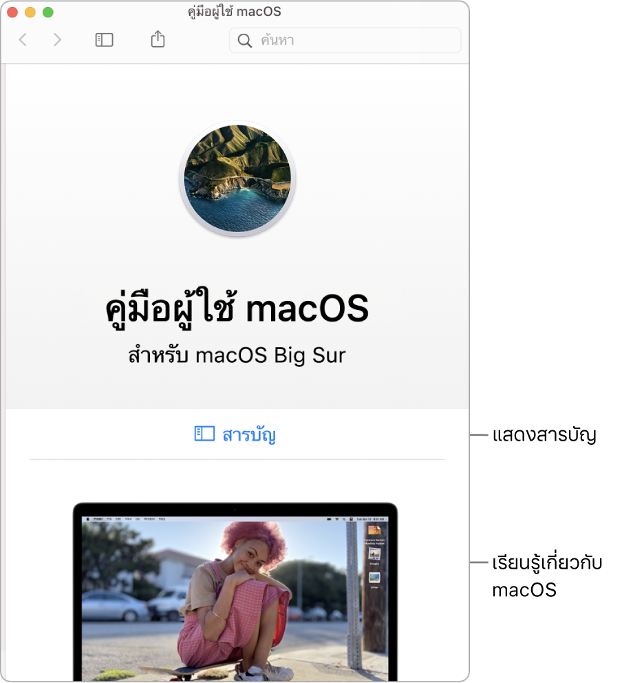 หน้าต้อนรับของคู่มือผู้ใช้ macOS ที่แสดงลิงก์สารบัญ