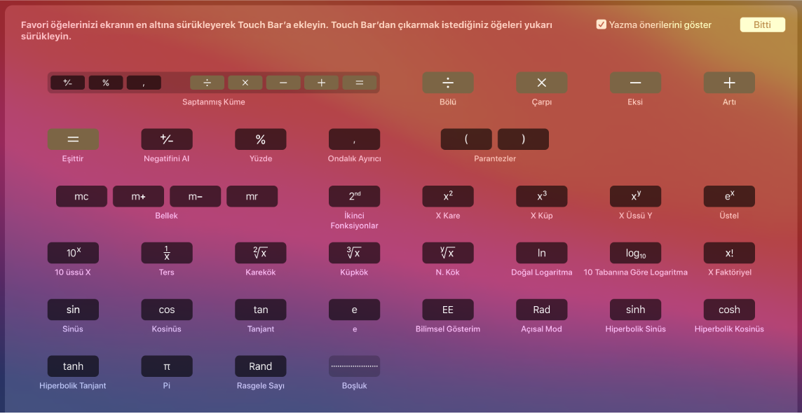 Hesap Makinesi Touch Bar’ında, Touch Bar’a sürükleyerek özelleştirebileceğiniz öğeler.