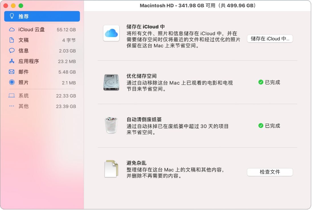 储存空间的“推荐”偏好设置，显示“储存在 iCloud 中”、“优化储存空间”、“自动抹掉废纸篓”和“避免杂乱”选项。