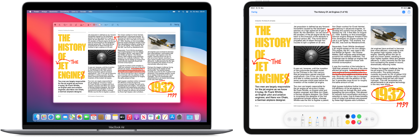 Ein MacBook Air und ein iPad nebeneinander. Auf beiden Bildschirmen wird ein Artikel mit roten Markierungen wie durchgestrichenen Sätzen und hinzugefügten Wörtern angezeigt. Auf dem iPad-Bildschirm werden unten Steuerelemente für Markierungen angezeigt.