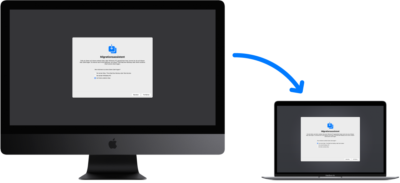 Ein alter iMac mit dem Fenster des Migrationsassistenten, der mit einem neuen MacBook Air verbunden ist, auf dem ebenfalls der Migrationsassistent geöffnet ist.