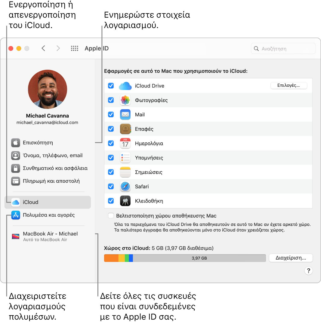 Το τμήμα Apple ID στις Προτιμήσεις συστήματος. Κάντε κλικ σε ένα στοιχείο στην πλαϊνή στήλη για ενημέρωση των στοιχείων του λογαριασμού σας, ενεργοποίηση ή απενεργοποίηση του iCloud, διαχείριση λογαριασμών πολυμέσων και εμφάνιση όλων των συσκευών που έχουν συνδεθεί με το Apple ID σας.