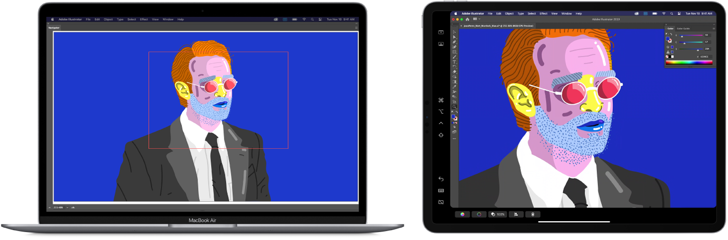 A MacBook Air and an iPad sit side by side. The MacBook Air shows art within the navigator window of Illustrator. The iPad shows the same art in the document window of Illustrator, surrounded by toolbars.