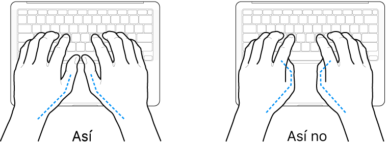 Manos posicionadas sobre un teclado, mostrando la alineación correcta e incorrecta de los pulgares.