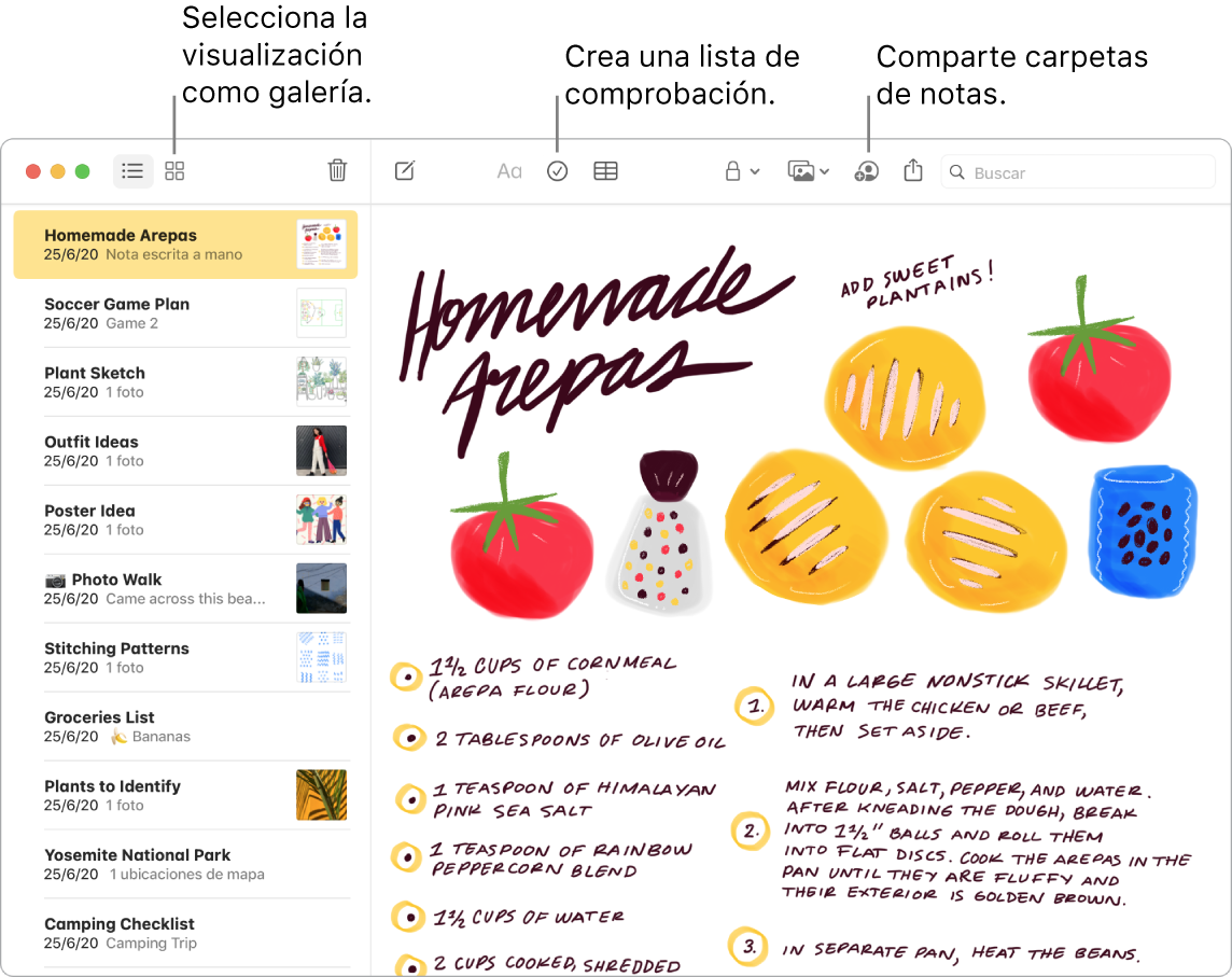 Una ventana de Notas en la vista de galería con una llamada al botón para seleccionar una vista de galería, el botón de lista de comprobación y el botón para compartir carpetas.