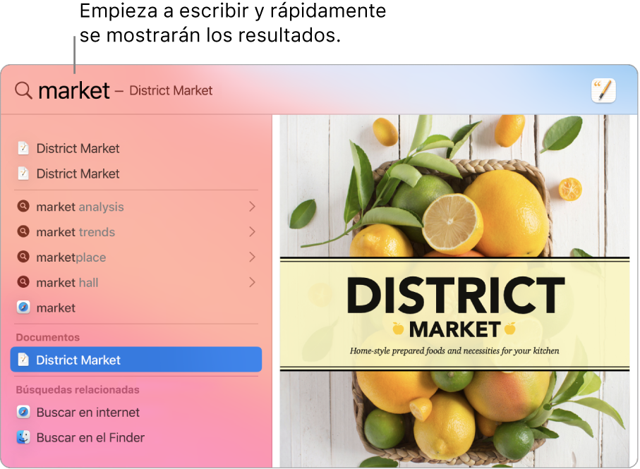 La ventana de Spotlight con los resultados de una búsqueda a la izquierda.