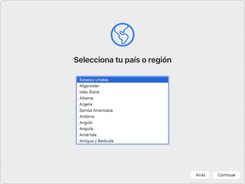 Una pantalla del Mac con la pantalla de bienvenida del asistente de configuración.