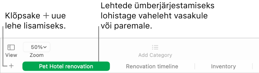 Rakenduse Numbers aknas selgitatakse, kuidas lisada uut lehte ja kuidas järjestada lehti ümber.