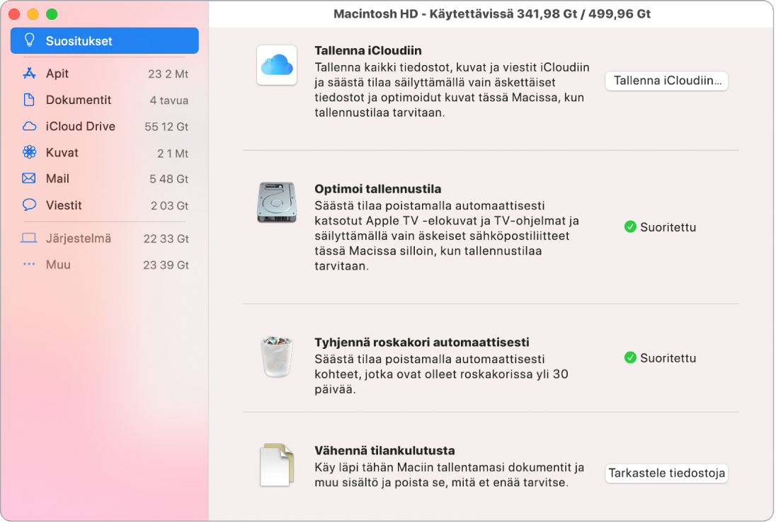 Tallennustilan Suositukset-asetukset, jossa näkyy Tallenna iCloudiin, Optimoi tallennustila, Tyhjennä roskakori automaattisesti ja Vähennä tilankulutusta.