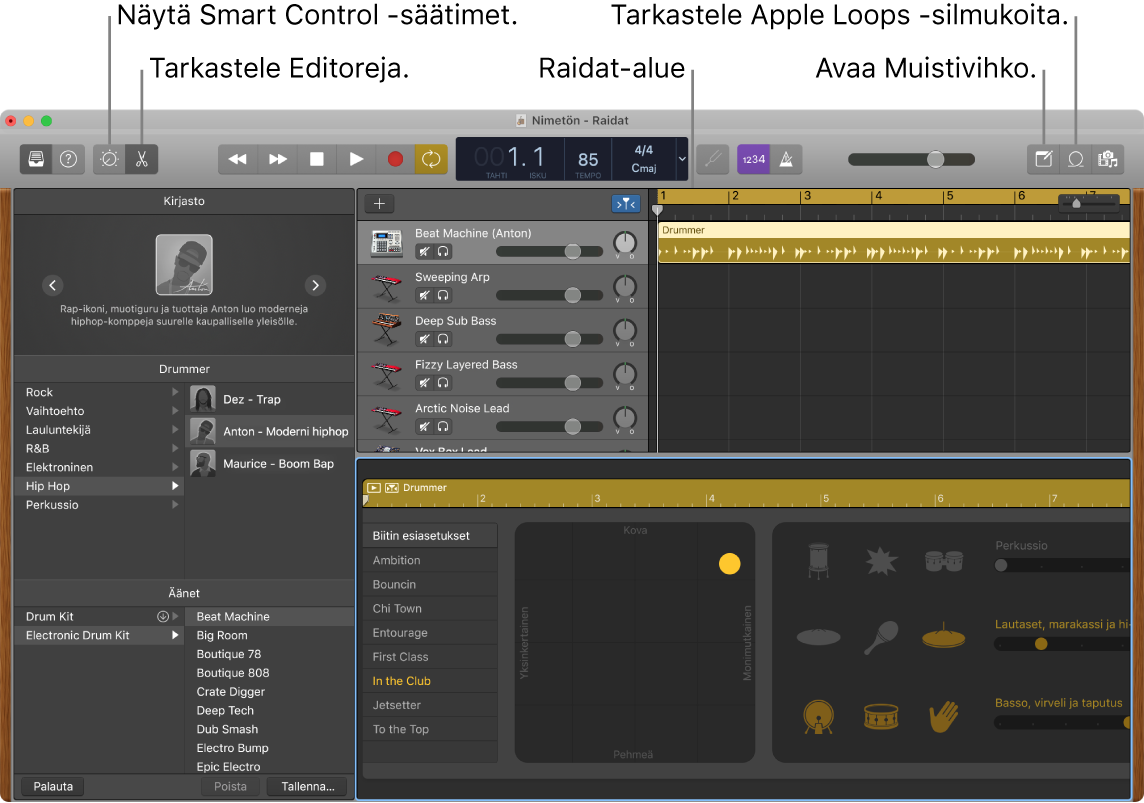 GarageBand-ikkuna, jossa näkyy painikkeet Älykkäiden säätimien, Editorien, Muistiinpanojen ja Apple Loops -silmukoiden käyttämistä varten. Siinä näkyy myös raitojen näyttö.