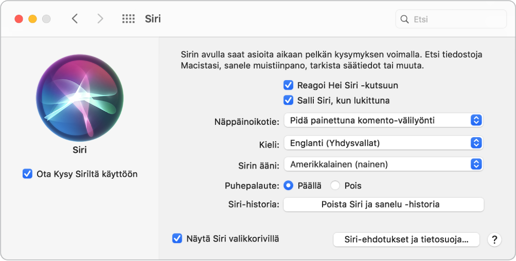 Siri-asetusikkuna, jossa vasemmalla on ”Ota Kysy Siriltä käyttöön” ja oikealla on useita Siri-asetuksia, esimerkiksi ”Reagoi Hei Siri -kutsuun”.