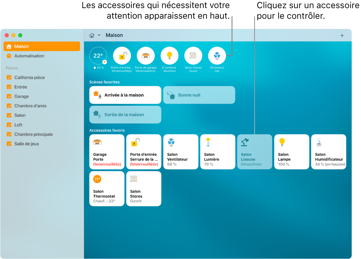 L’app Maison affichant les scènes favorites et les accessoires favoris.