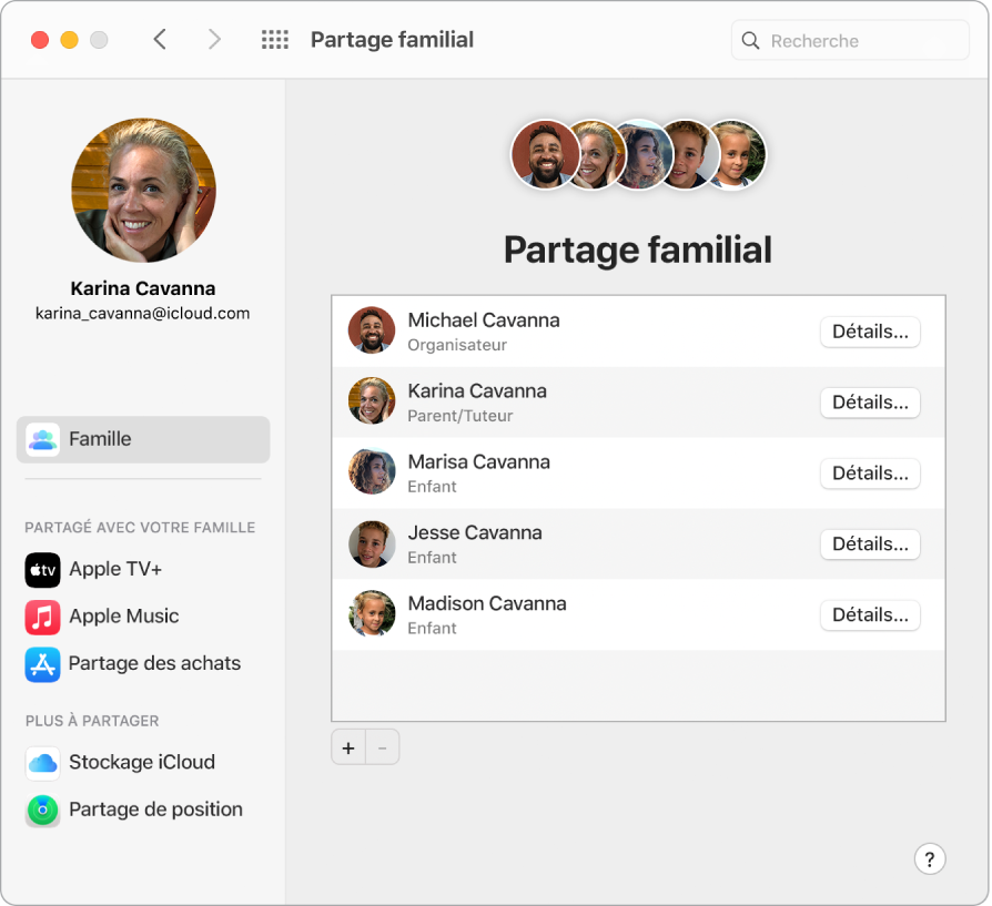 Fenêtre Safari présentant les réglages « Partage familial » sur iCloud.com.