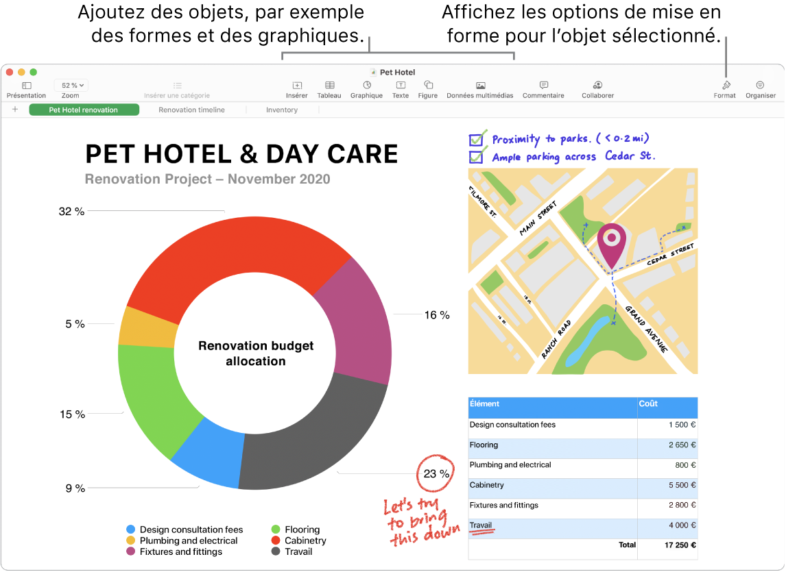 Une fenêtre Numbers montrant la barre d’outils avec ses outils d’édition en haut, le bouton Collaborer près du coin supérieur droit et les boutons Format et Organiser à droite de celui-ci. La barre latérale Format est ouverte sur l’onglet Graphiques.