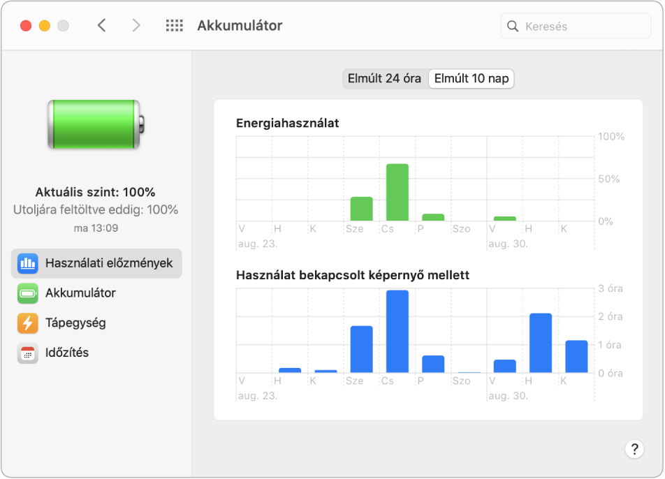 Az Akkumulátorhasználati előzmények ablak a kijelölt Elmúlt 10 nap elemmel.