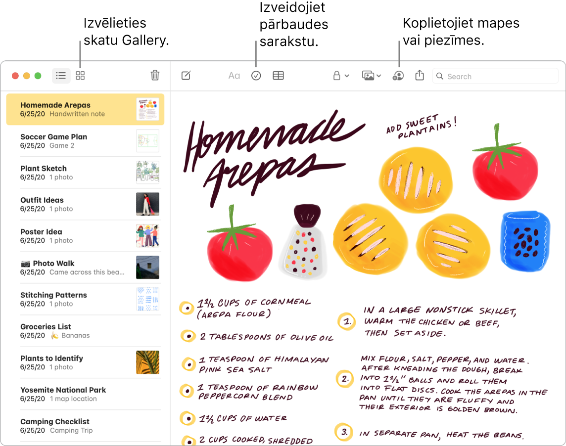 Lietotnes Notes logs skatā Gallery ar remarkām pie pogām Gallery View, Checklist un Share Folder.