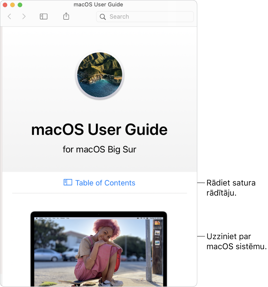 macOS lietošanas pamācības sākuma lapa ar saiti uz satura rādītāju.