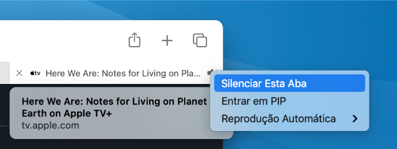 O submenu do ícone Áudio, com os itens “Silenciar Esta Aba”, “Entrar em PIP” e Reprodução Automática.