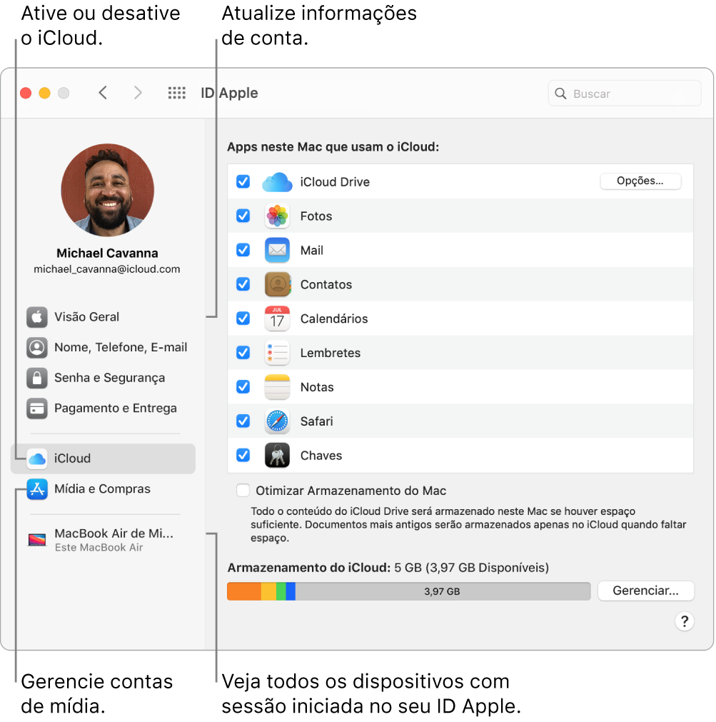 O painel ID Apple nas Preferências do Sistema. Clique em um item na barra lateral para atualizar suas informações de conta, ativar ou desativar o iCloud, gerenciar contas de mídia e ver todos os dispositivos com uma sessão iniciada com o seu ID Apple.