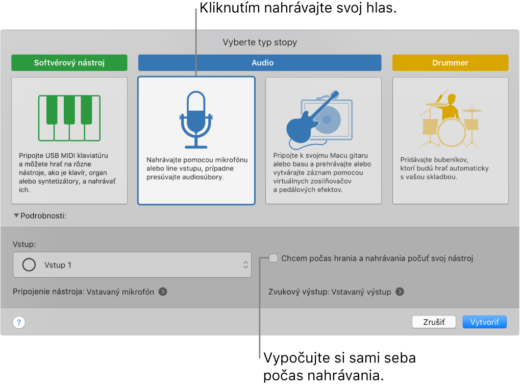 Panel s nástrojmi aplikácie GarageBand s položkou, na ktorú treba kliknúť, ak chcete nahrávať hlas, a so znázornením, ako si vypočujete, čo nahrávate.