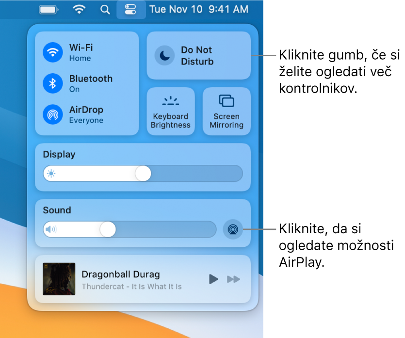 Približan pogled središča Control Center v računalniku Mac s sklicem na gumb »Display« (Prikaz).