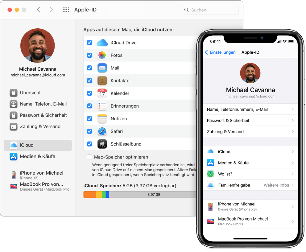 iCloud-Einstellungen auf einem iPhone und das iCloud-Fenster auf dem Mac.
