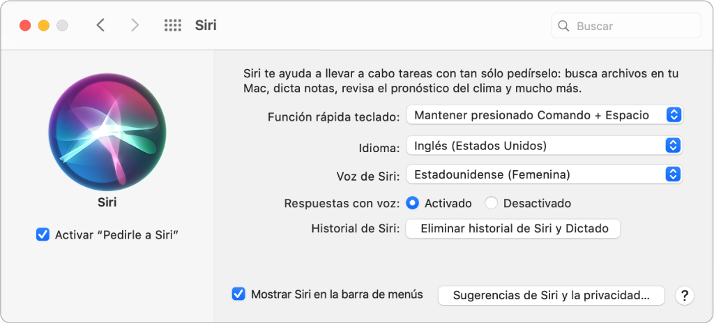 La ventana del panel de preferencias Siri con la opción "Activar 'Pedirle a Siri'" seleccionada en la izquierda, y varias opciones para personalizar a Siri en la derecha.