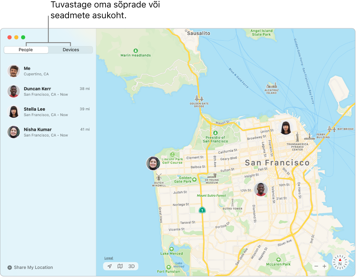 Saate tuvastada oma sõprade ja seadmete asukohti, kui klõpsate vahelehtedel People või Devices. Ekraanipildil on vasakul valitud vaheleht Friends ja paremal on San Francisco kaart kolme sõbra asukohaga.