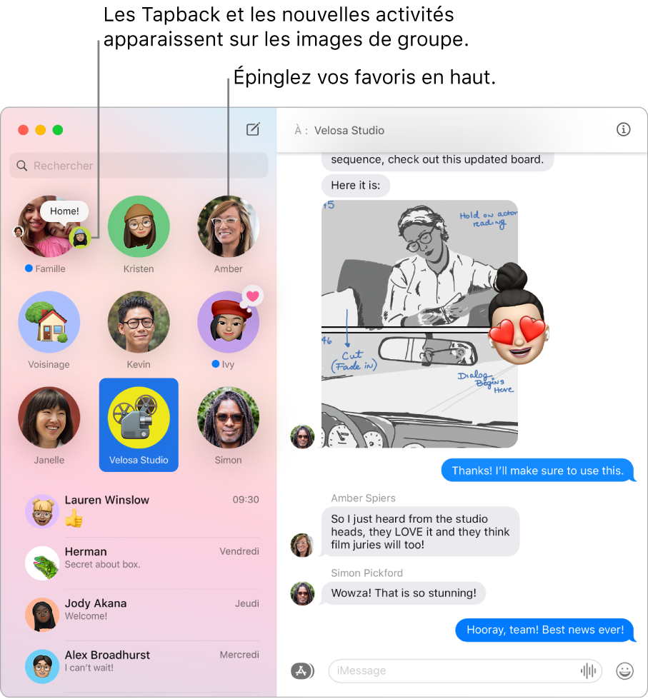 Fenêtre de Messages avec des conversations de groupe épinglées en haut de la colonne de gauche.