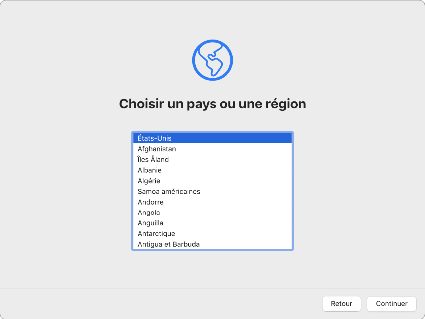 L’écran d’un Mac avec l’Assistant réglages ouvert sur l’écran de Bienvenue.