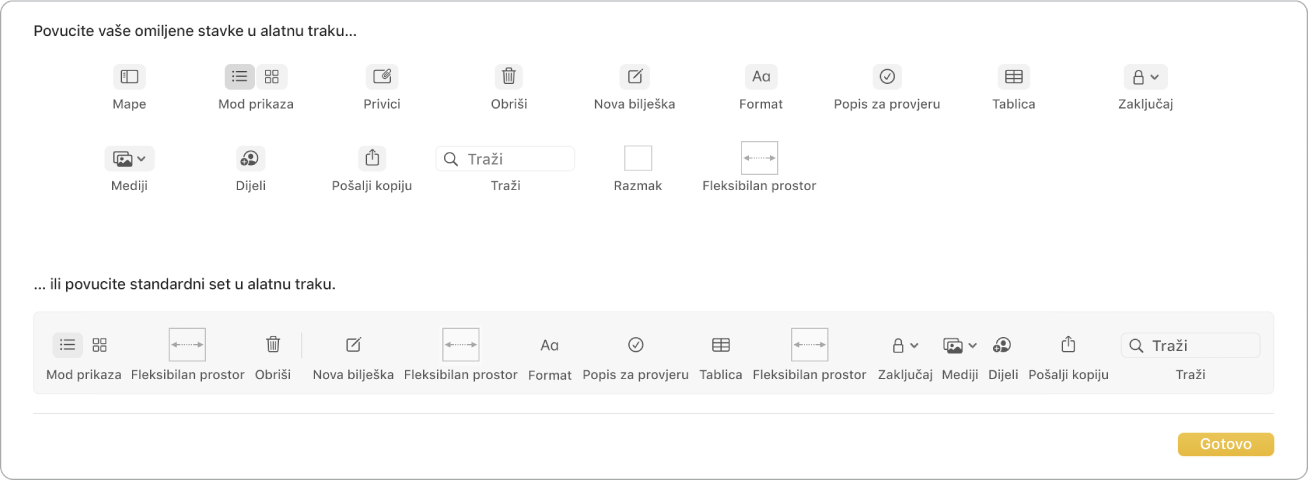 Prozor aplikacije Bilješke koji prikazuje opcije prilagođavanja alatne trake koje su dostupne.