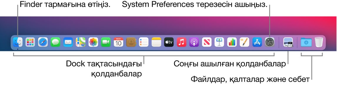 Finder, System Preferences және файлдар мен қалталардан қолданбаларды бөлетін Dock тақтасындағы жолды көрсетіп тұрған Dock.