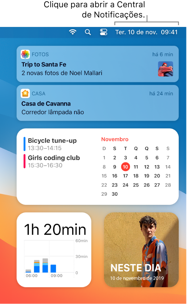 Uma tela parcial da mesa mostrando a Central de Notificações aberta e a aba Hoje selecionada.