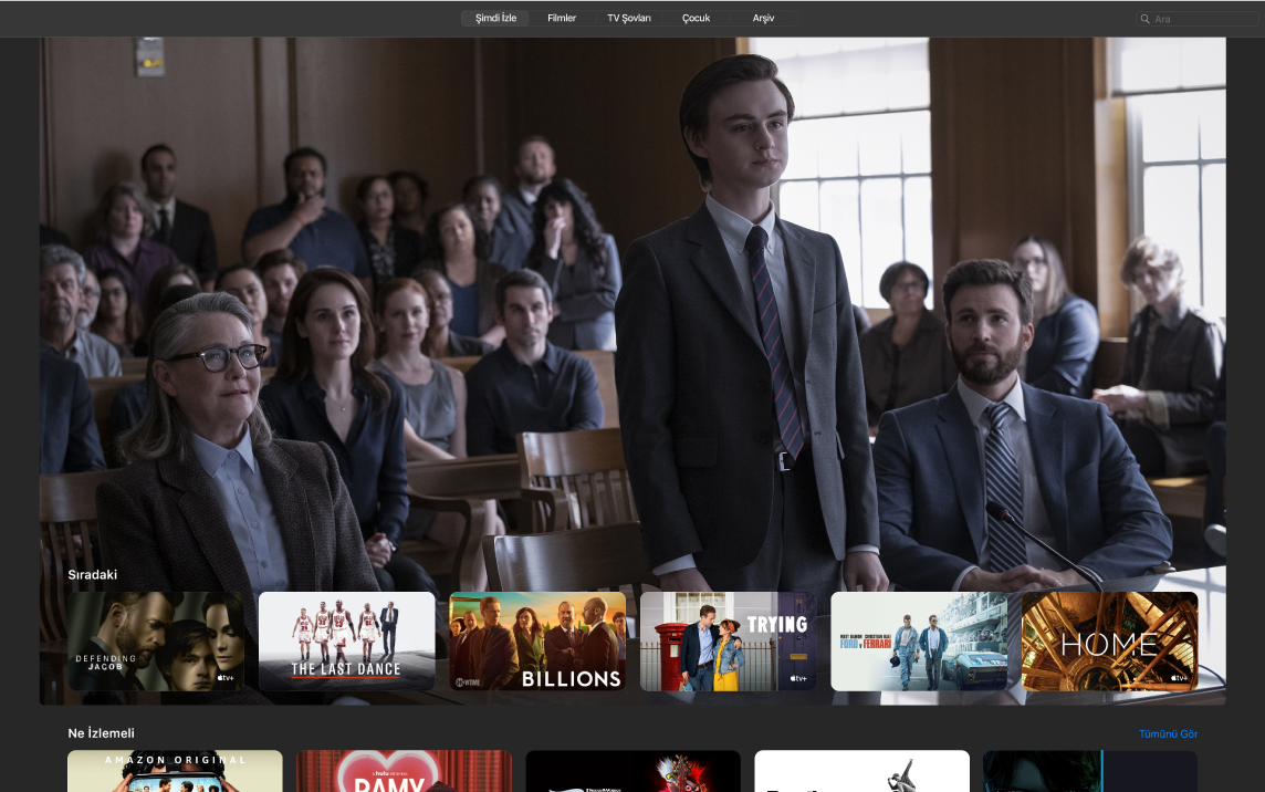 Şimdi İzle görüntüsünü gösteren bir Apple TV uygulaması penceresi.