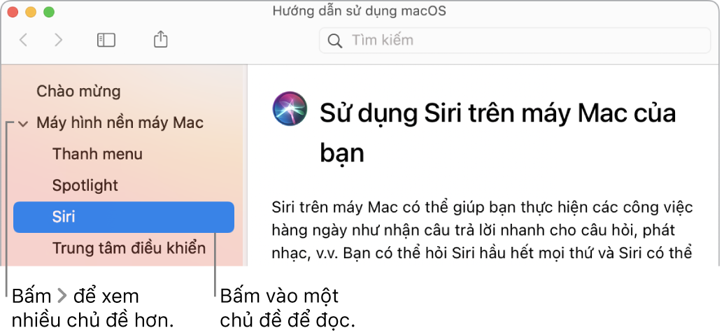 Trình xem Trợ giúp đang minh họa cách xem các chủ đề được liệt kê trong thanh bên và cách hiển thị nội dung của một chủ đề.