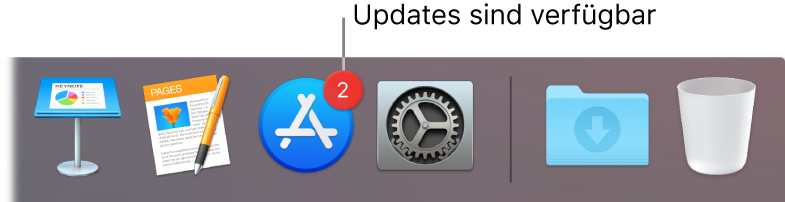 Ein Abschnitt im Dock mit dem App Store-Symbol, das mit einem Kennzeichen versehen ist, das anzeigt, dass Updates verfügbar sind