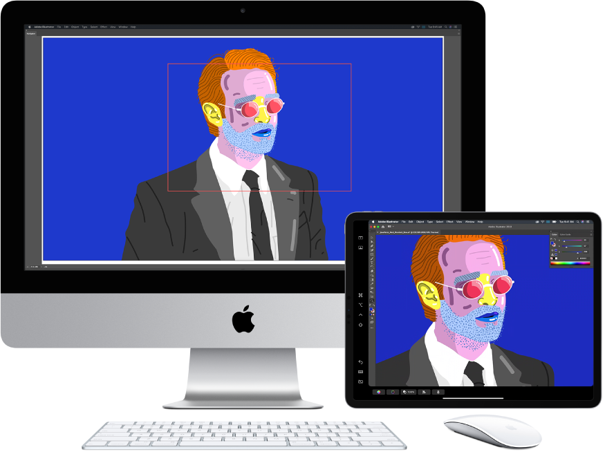 An iMac and an iPad sit side by side. The iMac shows art within the navigator window of Illustrator. The iPad shows the same art in the document window of Illustrator, surrounded by toolbars.