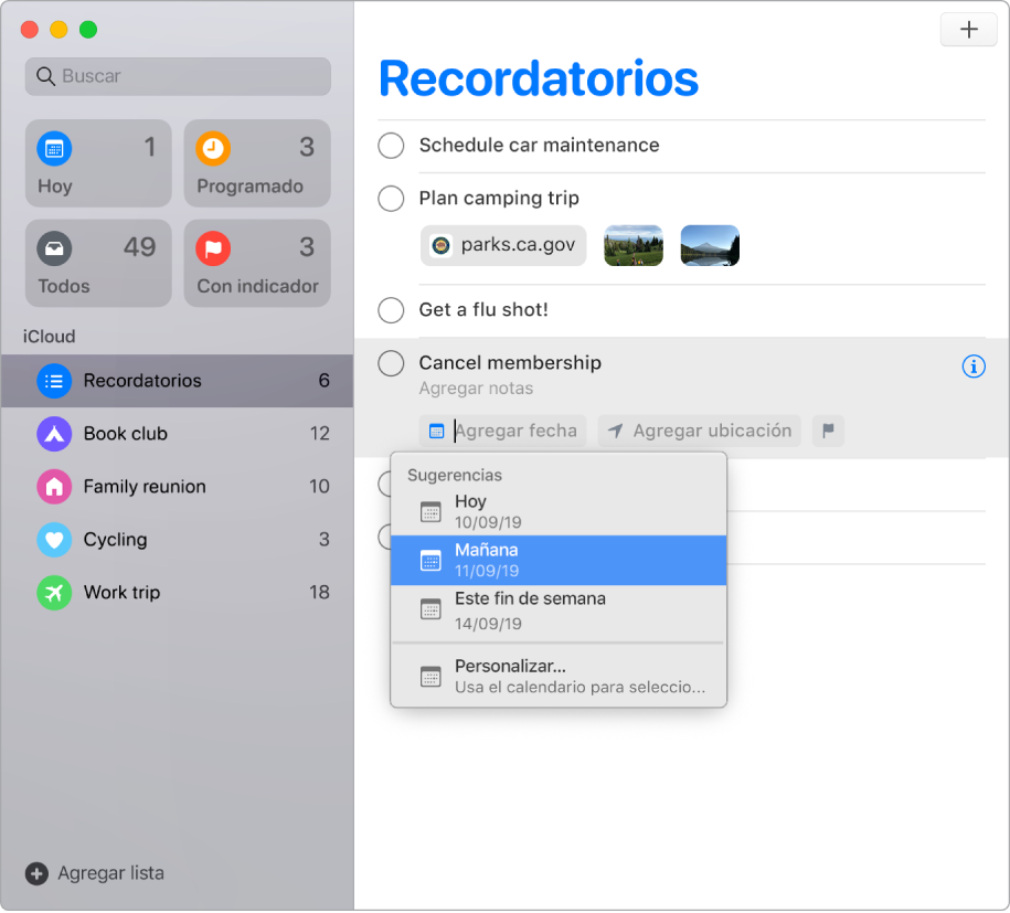 Una ventana de Recordatorios con los botones de edición visibles para un recordatorio. El puntero se encuentra en “Agregar fecha”, creando un menú con sugerencias para Hoy, Mañana, Este fin de semana y Personalizado.