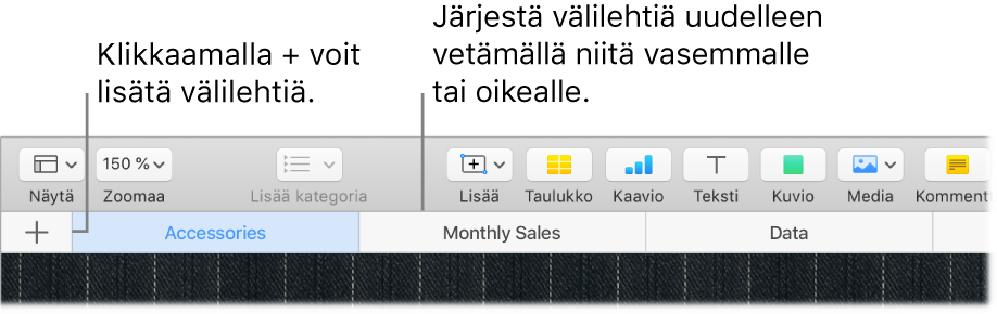 Numbers-ikkuna, jossa näkyy, miten lisätään uusi välilehti ja miten välilehdet järjestetään uudelleen.