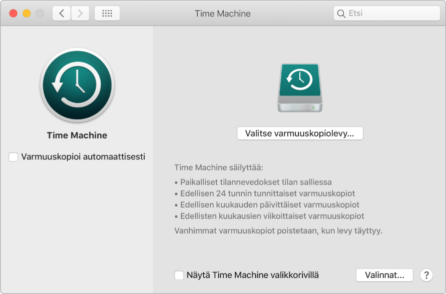 Time Machine -varmuuskopioikkuna.