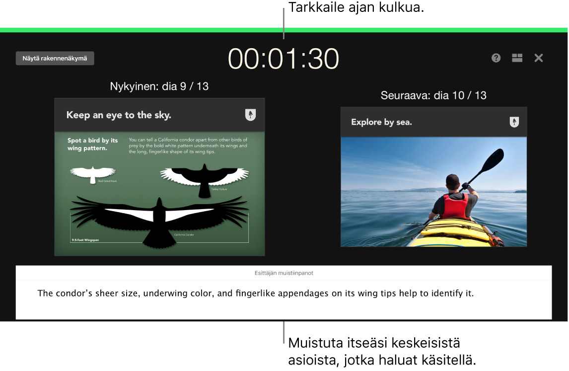 Keynote-ikkuna, jossa näkyy Harjoittele diaesitystä -ominaisuus.